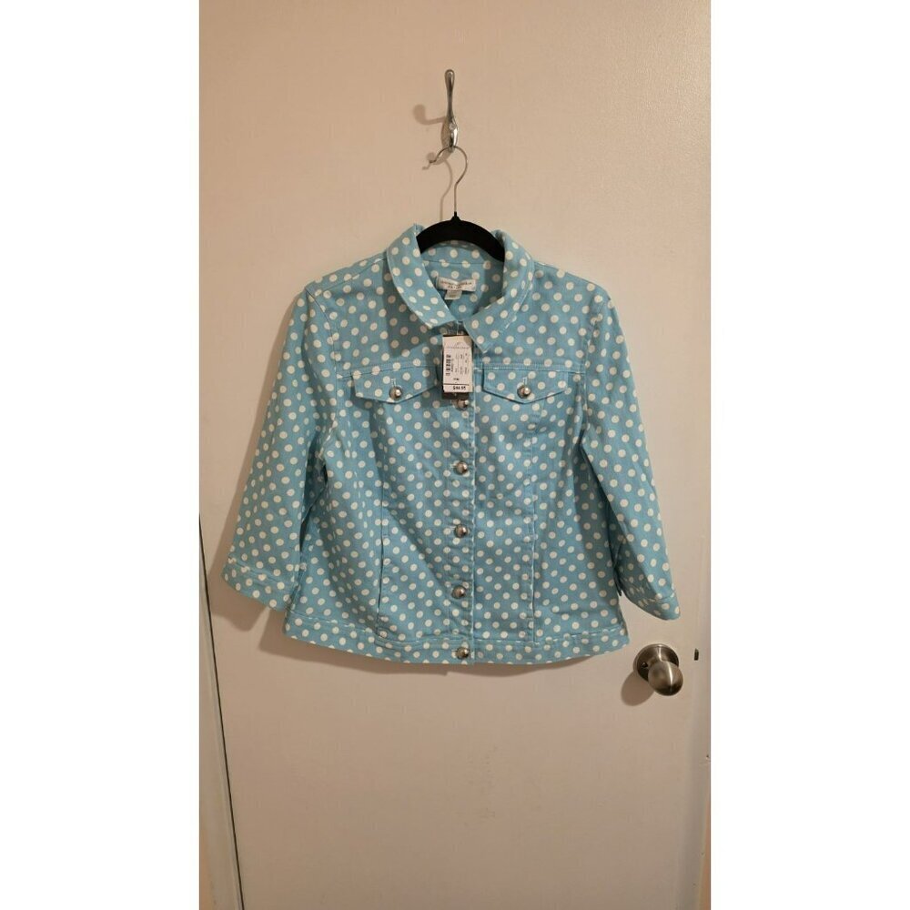 Christopher And Banks Denim Jacket PM Petite Medium Turquiose White Polka Dot
